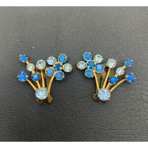 Vintage AUSTRIA Blue Crystal Rhinestone Bronze Tone Clip On Earrings Signed
